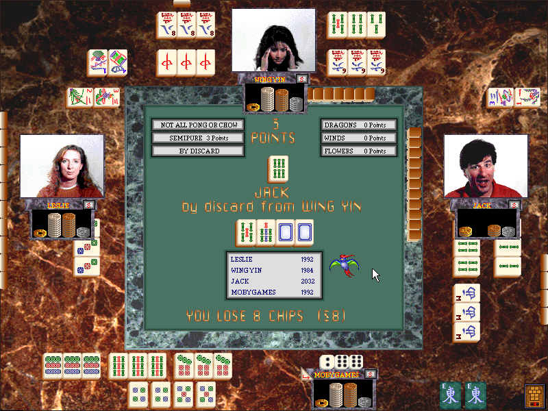 Hong Kong Mahjong Pro (Windows 3.x) screenshot: Jack won that round.
