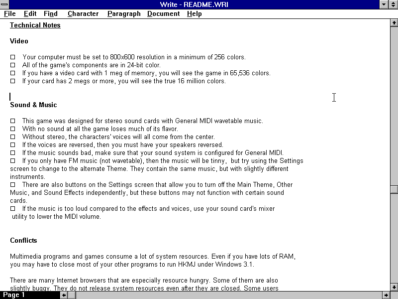 Hong Kong Mahjong Pro (Windows 3.x) screenshot: Readme / technical notes.