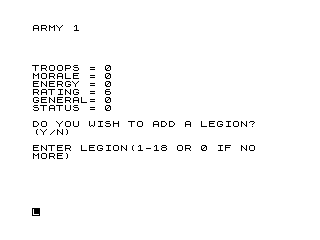 Roman Empire (ZX81) screenshot: Assigning legions to an army.