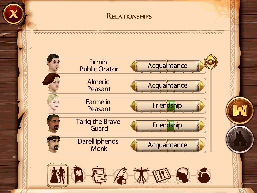 The Sims: Medieval (iPad) screenshot: Tracking my sim's relationship with other sims.