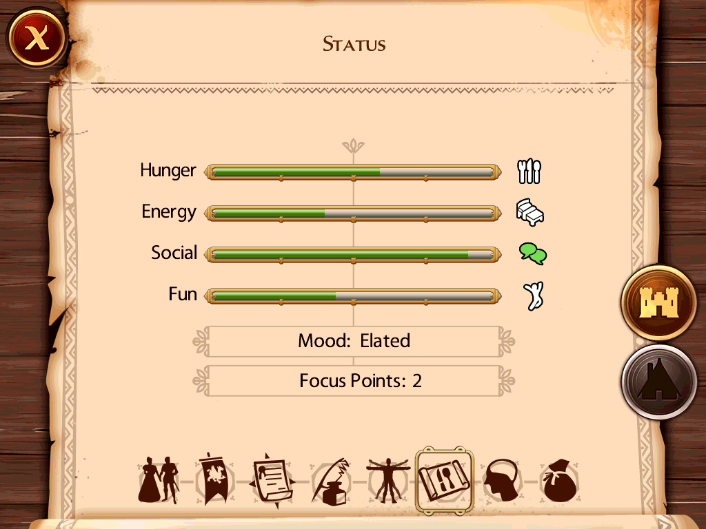 The Sims: Medieval (iPad) screenshot: My sim's stats.