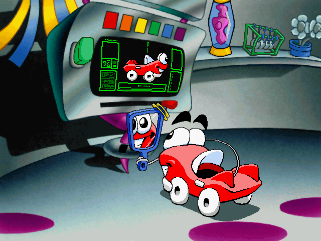 Putt-Putt Travels Through Time (Windows) screenshot: Putt-Putt is getting another paint job - this time it's bright red.