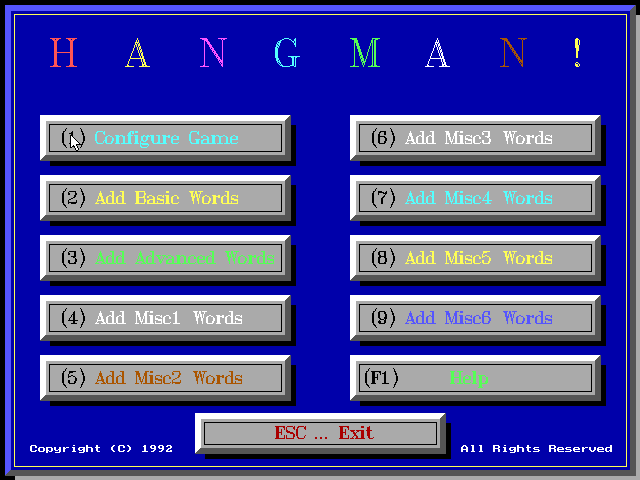 Hangman (DOS) screenshot: Main menu