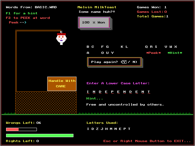 Hangman (DOS) screenshot: Game won