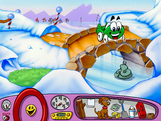 Putt-Putt Saves the Zoo (Windows) screenshot: The little snake is so cold he can't move - but Putt-Putt has something to warm him up!
