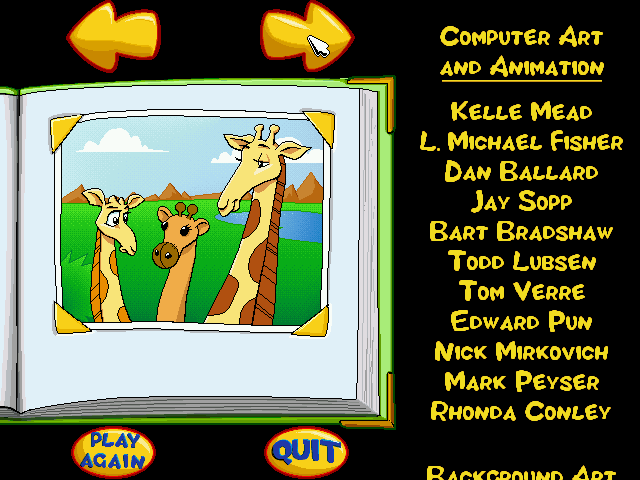 Putt-Putt Saves the Zoo (Windows) screenshot: The credits with three giraffes - Masai, her mother and a giraffe-shaped balloon from the zoo souvenir cart!