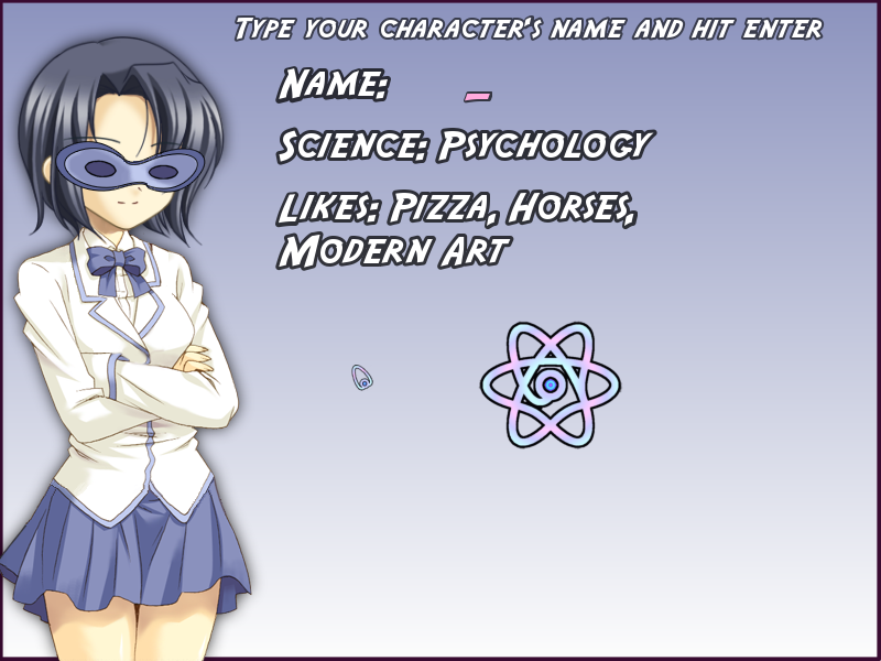 Science Girls! (Linux) screenshot: Name your character...