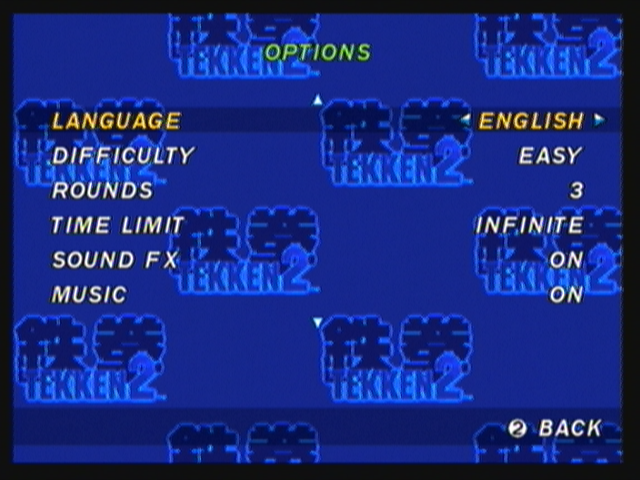 Tekken 2 (Zeebo) screenshot: Options menu.