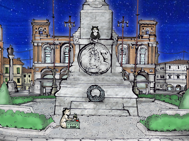 A Cat's Night 2: Orazio Goes to Town (Windows) screenshot: This statue is the official seat of the Cat Council.
