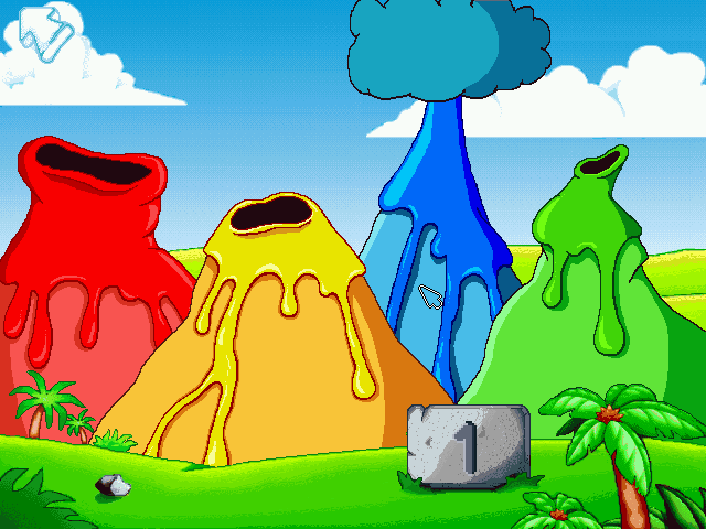 Putt-Putt Travels Through Time (Windows) screenshot: The colored volcano "Simon Says"-type minigame