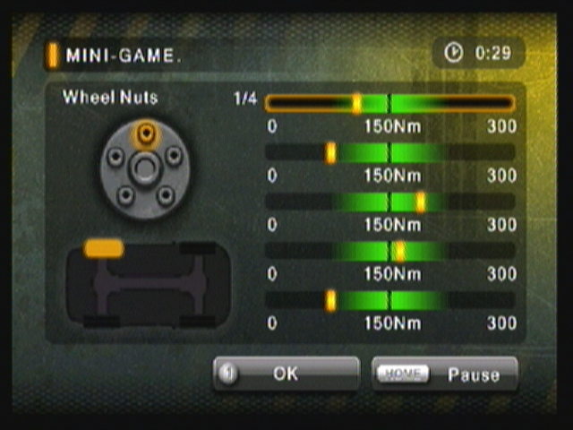 Rally Master Pro (Zeebo) screenshot: Every two races you can let your crew repair your car automatically or you can assist them for better results. If you chose to assist them, a mini game is shown.
