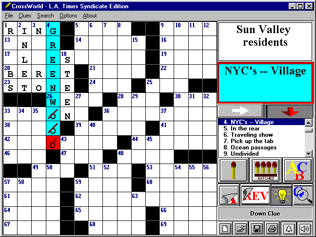CrossWorld 95 (Windows) screenshot: CrossWorld - Invalid letters in the word are stroked out