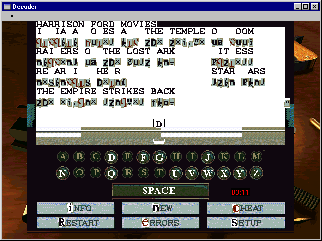 CrossWorld 95 (Windows) screenshot: Decoder - Decrypting the Harrison Ford movies