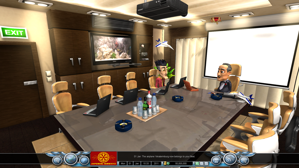 Airline Tycoon 2 (Windows) screenshot: The big manager of the airport has statistics for us. (Demo version)