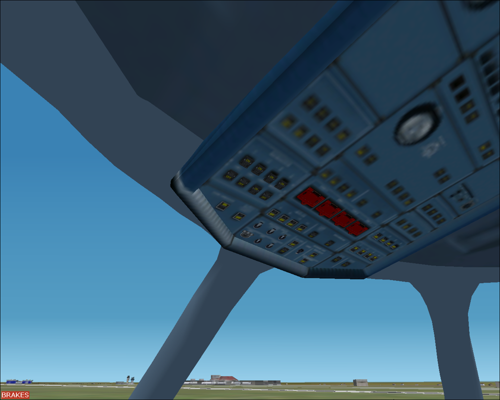 Fly the Airbus A380 (Windows) screenshot: A380 ceiling panel, rather fuzzy in 3D view. (FS2k2)