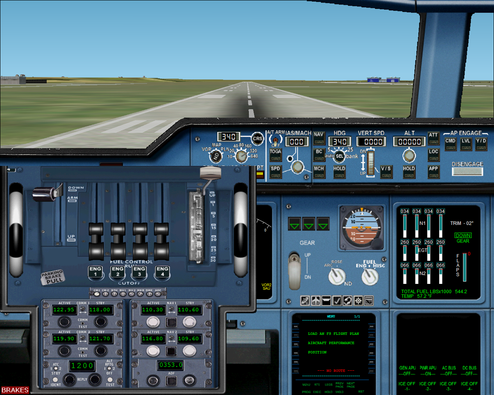 Fly the Airbus A380 (Windows) screenshot: A380 throttle quadrant panel popup (lower left) in 2D view. (FS2k2)