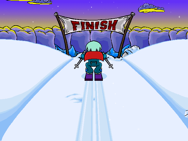 Pajama Sam 3: You Are What You Eat From Your Head To Your Feet (Windows) screenshot: Sam skiing - in some variants of the gameplay you can find a useful object on the slope.