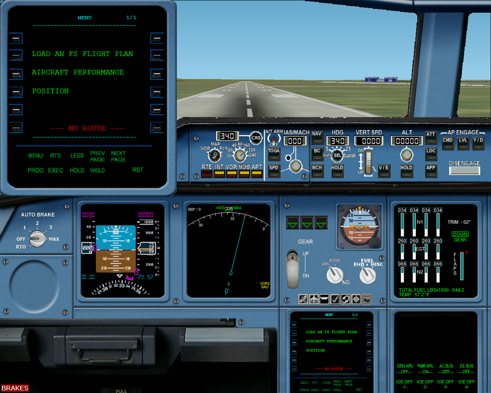 Fly the Airbus A380 (Windows) screenshot: This is the A380:s flight computer, where you load your flight plans prior to taking off. Once airborne it is used by the autopilot. (Also seen on lower right) (FS2k2)