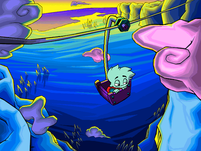 Pajama Sam 3: You Are What You Eat From Your Head To Your Feet (Windows) screenshot: Riding a mountain lift under a gorgeous sky...