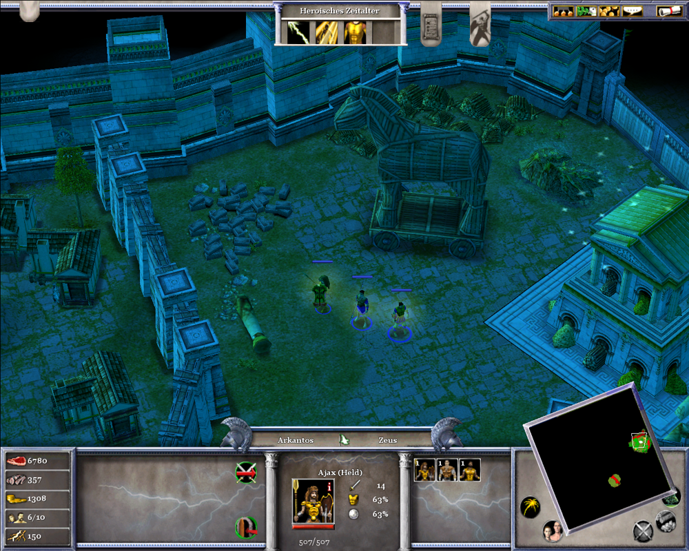 Age of Mythology (Windows) screenshot: At midnight our heroes emerge from inside the wooden horse.