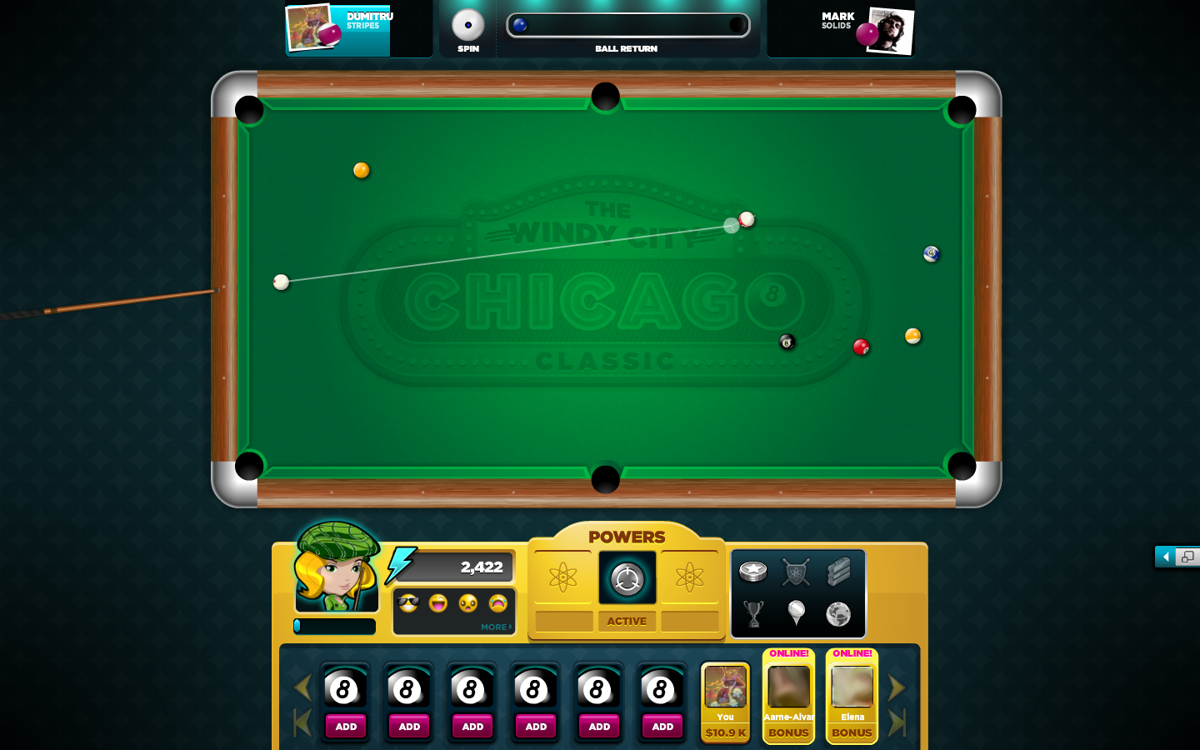 Pool World Champ (Browser) screenshot: Standard pool mechanics.