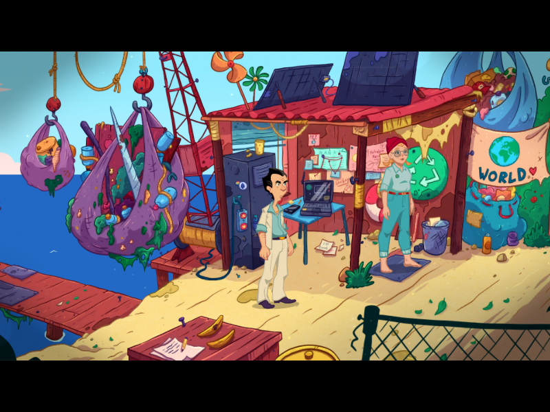 Leisure Suit Larry: Wet Dreams Dry Twice (Windows) screenshot: The environmental activist Emma seized Larry's raft as junk and a pollutant and doesn't want to return it.