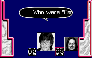 Mike Read's Computer Pop Quiz (Atari ST) screenshot: The questions scroll across quickly.
