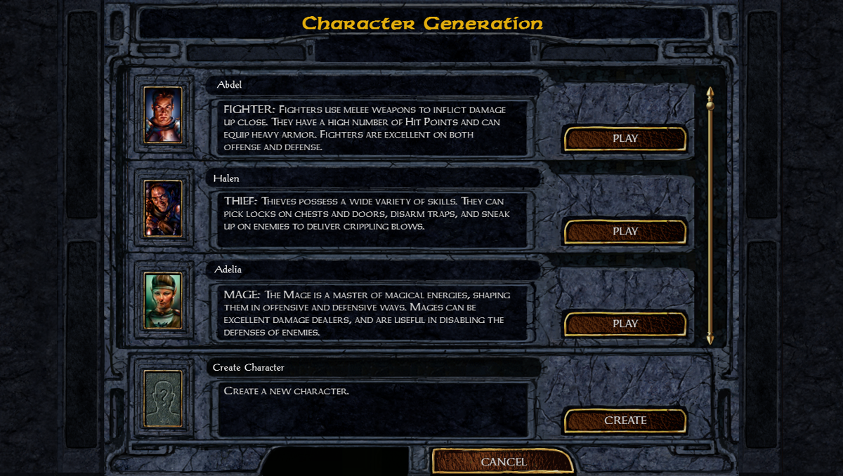 Baldur's Gate: Enhanced Edition (Windows) screenshot: Character Generation - choose one from the list or...