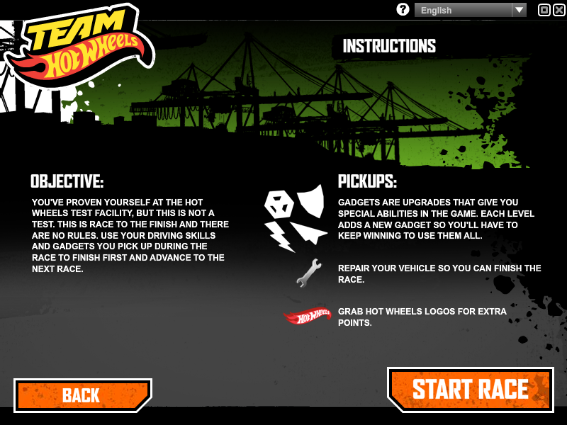 Team Hot Wheels: Night Racer - Dockyard Destruction (Windows) screenshot: Race instructions