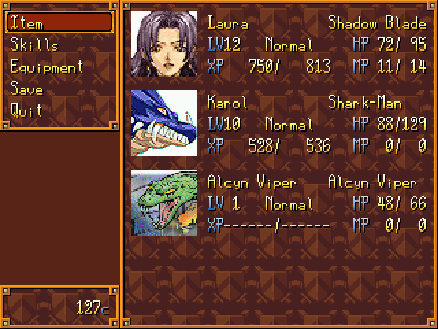 Blades of Heaven (Windows) screenshot: Menu and character information. Notice the pet.