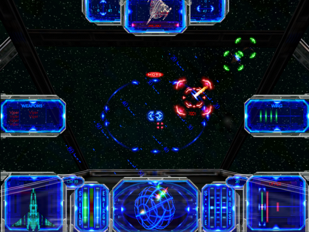 Star Wraith IV: Reviction (Windows) screenshot: During many missions the player is accompanied by AI-controlled wingmen, who are quite capable of fighting on their own. Here a Federation fighter is heavily damaged by two of our allies.
