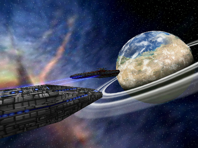 Star Wraith IV: Reviction (Windows) screenshot: The intro shows the ongoing conflict between the two human factions, the Alliance (blue) and the Federation (red).