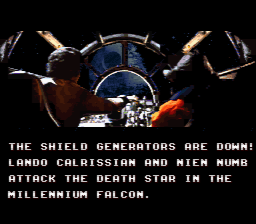 Super Star Wars: Return of the Jedi (SNES) screenshot: Stage 14 lets us fly the Millennium Falcon.