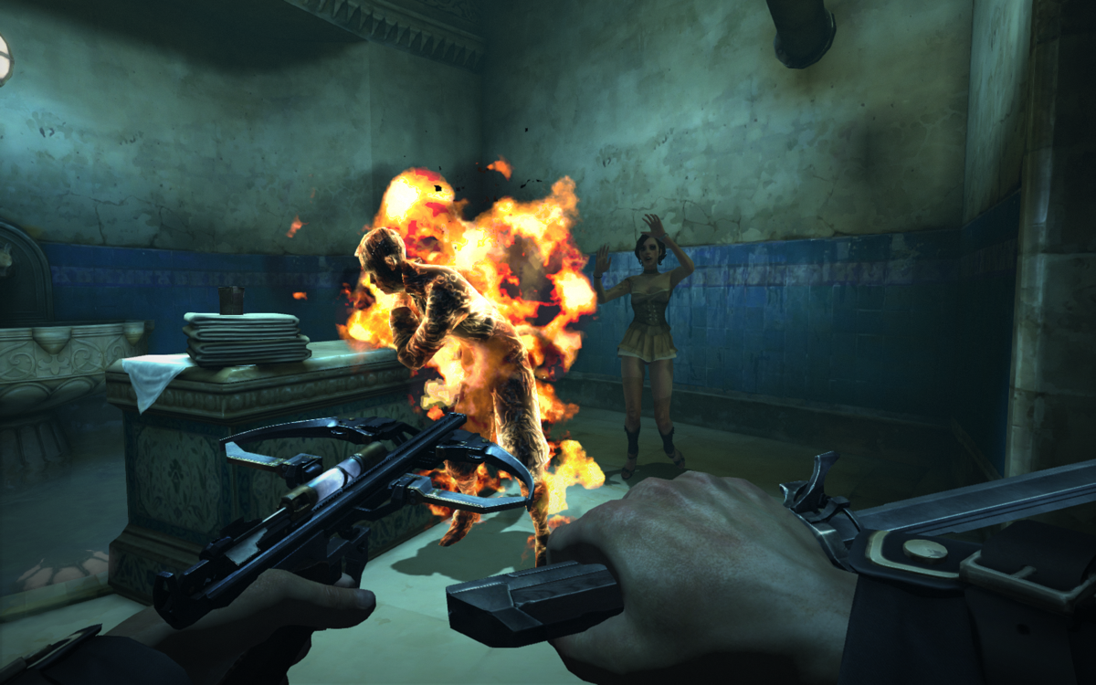 Dishonored (Windows) screenshot: Setting enemies on fire - always something to remember