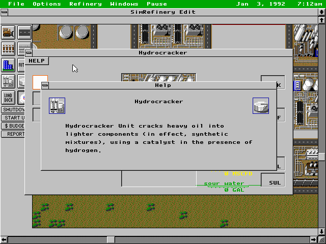 SimRefinery (DOS) screenshot: The game features an indepth look at various buildings needed in a refinery. Like the cool and aptly named Hydrocracker!