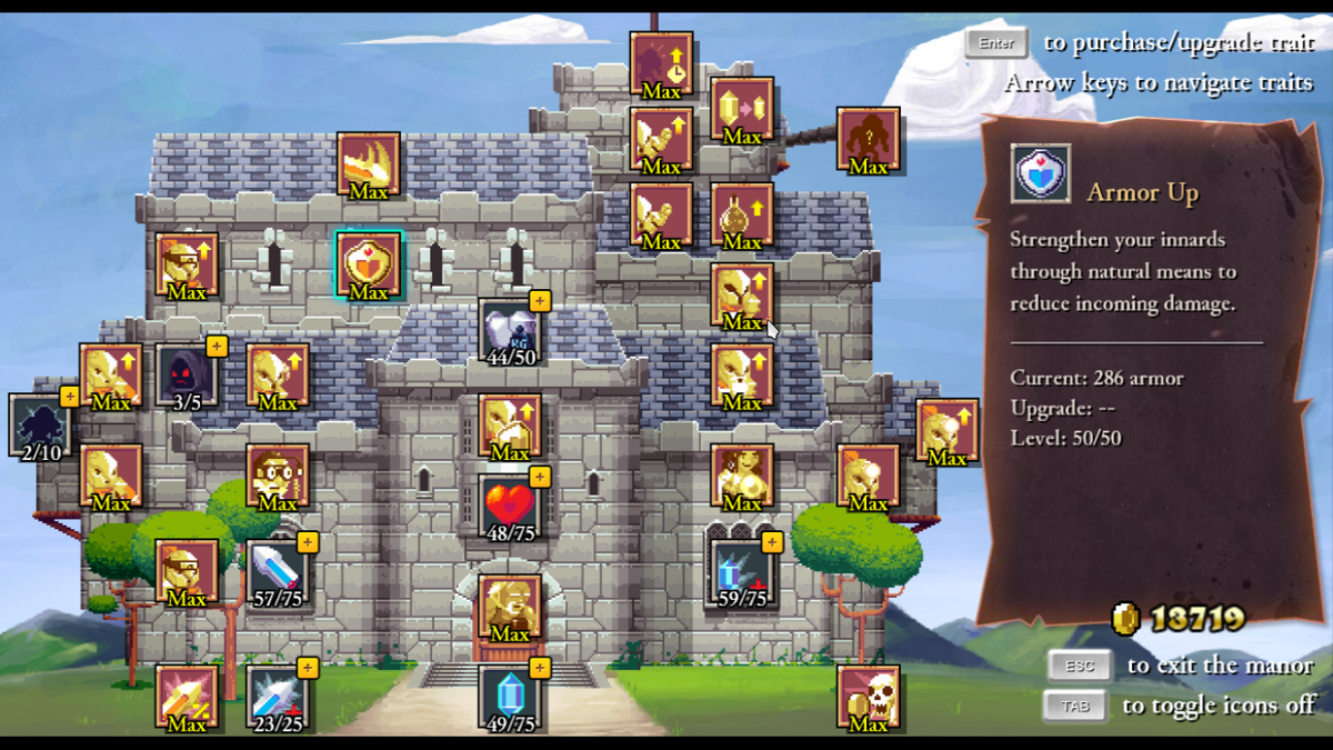 Rogue Legacy (Linux) screenshot: Skill tree (fully extended)