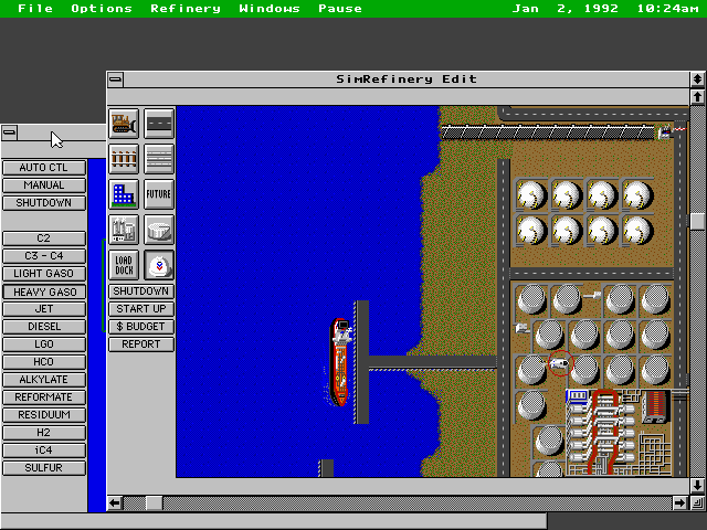 SimRefinery (DOS) screenshot: The preset refinery comes with its own harbour.