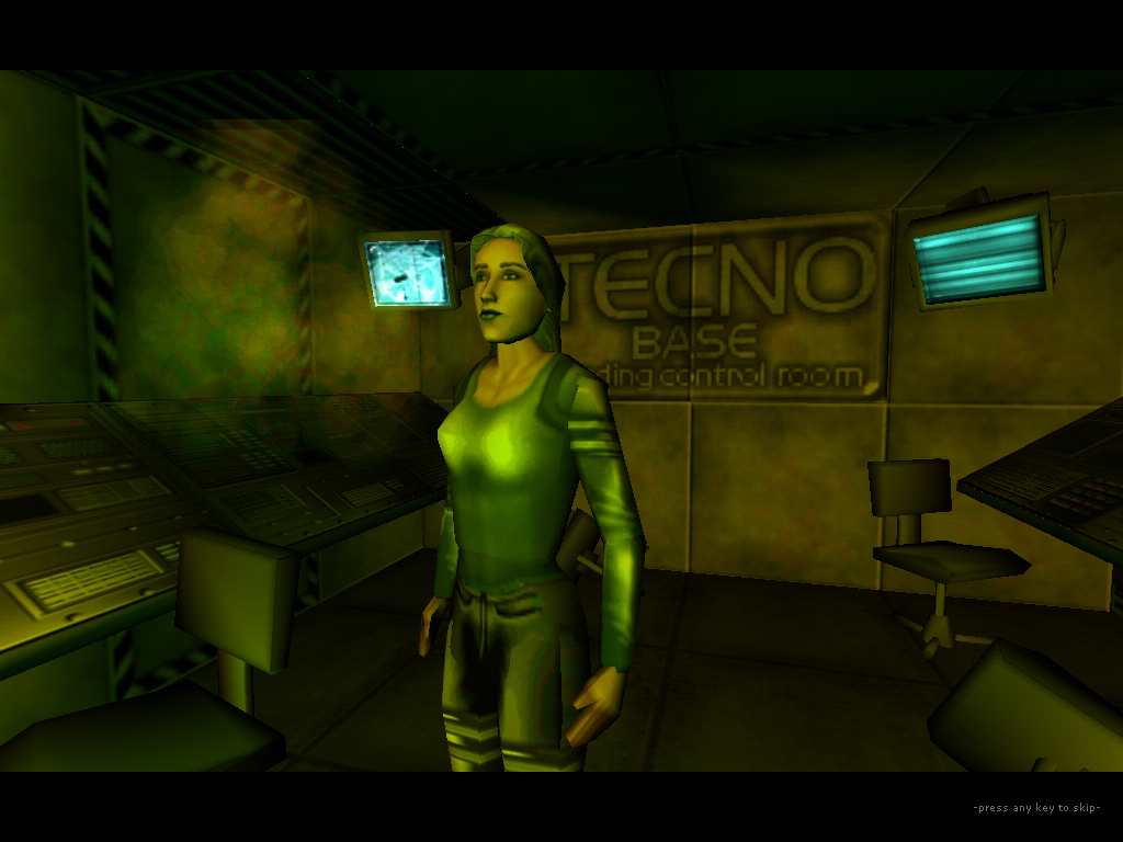 Techno: The Base (Windows) screenshot: The protagonist is shown from the third person view during cutscenes.