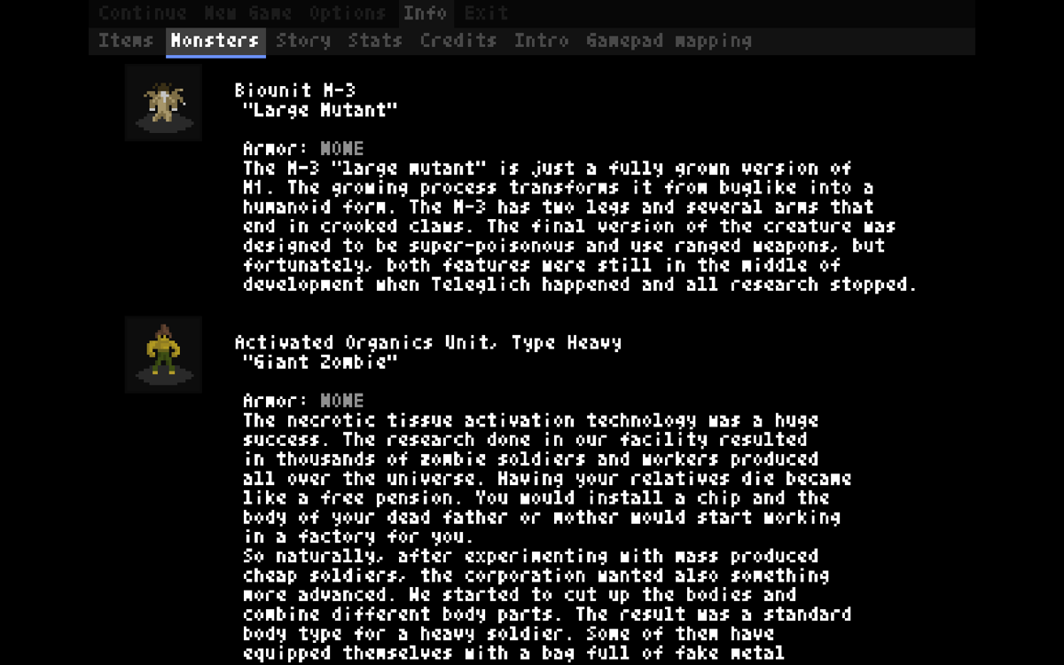 Teleglitch: Die More Edition (Windows) screenshot: Monsters database
