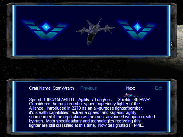 Star Wraith 3: Shadows of Orion (Windows) screenshot: The Tech Database presents information on all spacecraft in the game.