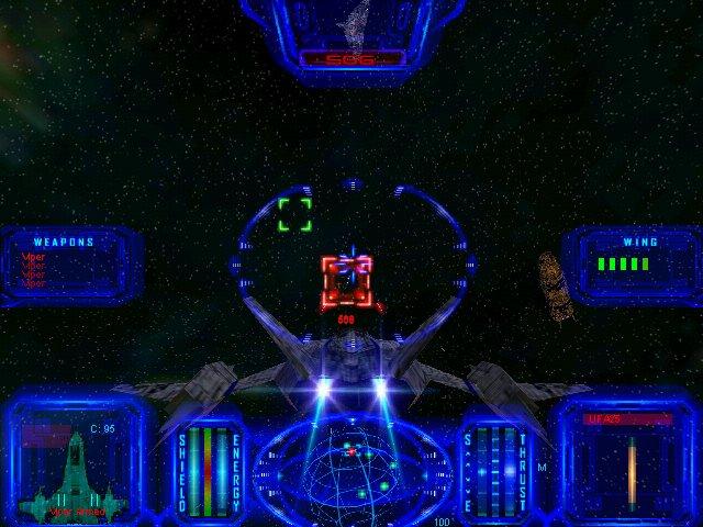 Star Wraith 3: Shadows of Orion (Windows) screenshot: Chase view of the player's fighter with HUD on.