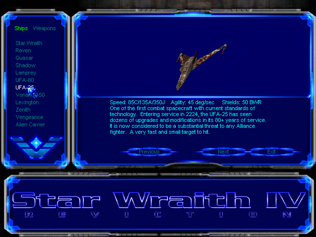 Star Wraith IV: Reviction (Windows) screenshot: The built-in technology database provides detailed information on all ships...
