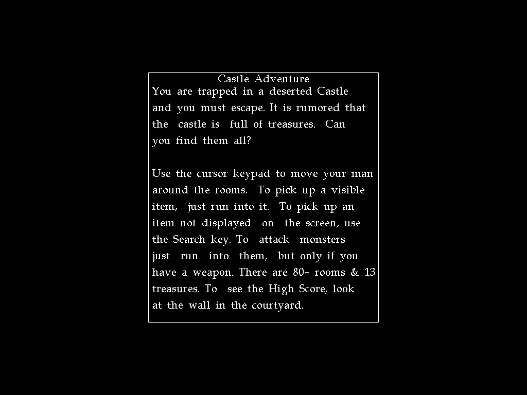 Castle Adventure (Windows) screenshot: Instructions