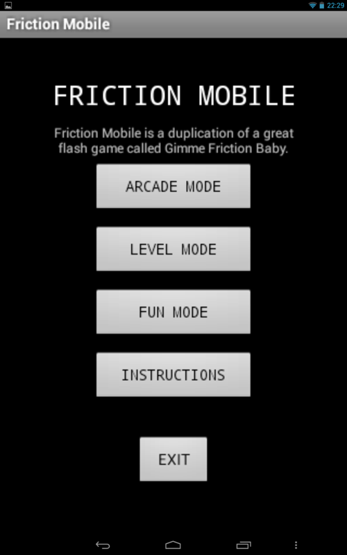 Friction Mobile (Android) screenshot: Title screen