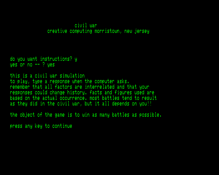 Civil War (Commodore PET/CBM) screenshot: Introduction