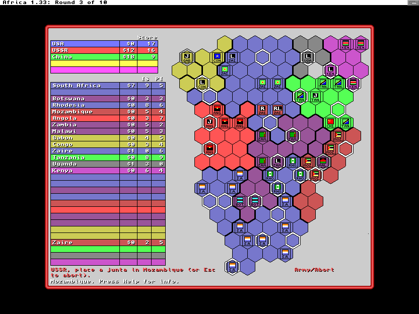 Africa (Amiga) screenshot: Installing a new junta in Mozambique