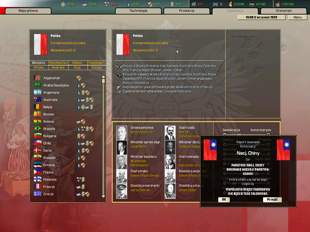 Hearts of Iron II (Windows) screenshot: Diplomacy screen