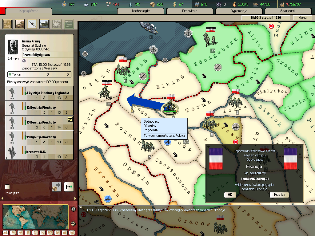 Hearts of Iron II (Windows) screenshot: Moving troops