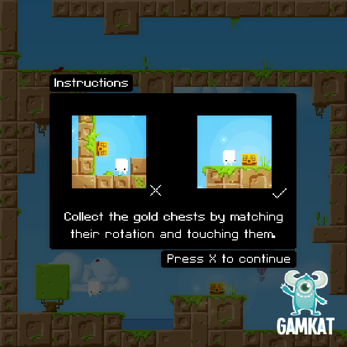 Pivot (Browser) screenshot: Game instructions. Collect the gold chests by matching their rotation and touching them.