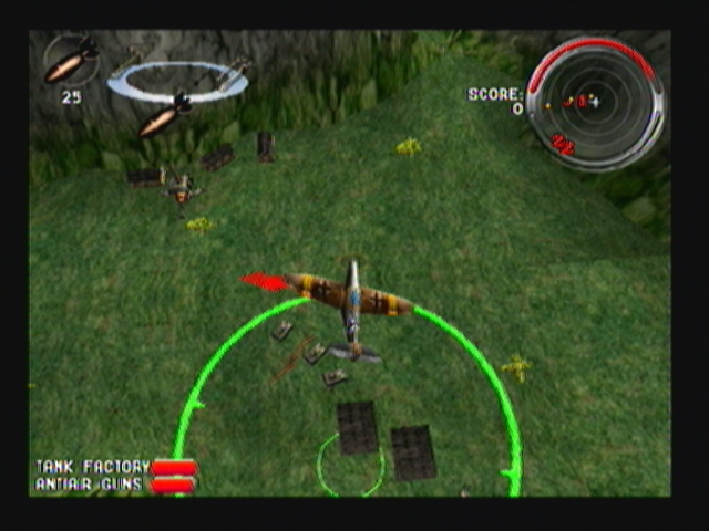 Armageddon Squadron (Zeebo) screenshot: While having the bomb selected as weapon, the camera changes to a top-down view.